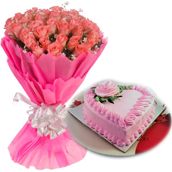 Pink Roses & Heartshape Strawberry Cake cake delivery Delhi