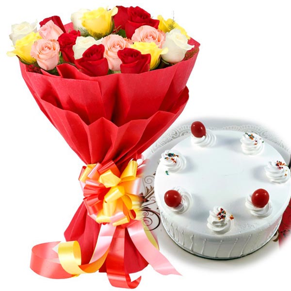 20 Mixed Roses with 1kg Pineapple Cake cake delivery Delhi