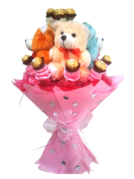 Bouquet of Teddy with Rocher chocolate cake delivery Delhi