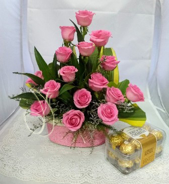 Pink Rose Basket & Box of Ferrero Rocher cake delivery Delhi