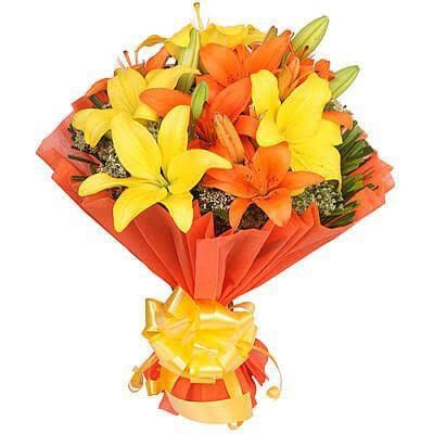 8 Mix Asiatic Lilliums in Orange Paper Packing cake delivery Delhi