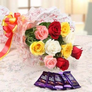 Mix Roses Bunch & Dairy Milk Chocolate cake delivery Delhi