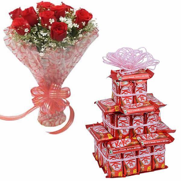 Kitkat Tower & Red Rose Bunch cake delivery Delhi