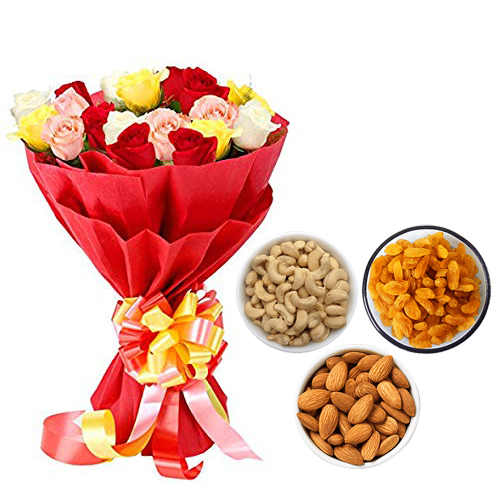 Mix Roses Bunch & 750Gm Mix Dry Fruits cake delivery Delhi