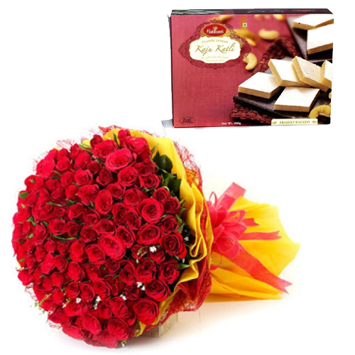 Roses Bunch & Kaju Burfi cake delivery Delhi