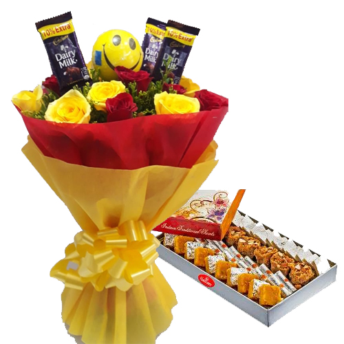 Roses & Chocolate Bunch & 1kg Assorted Sweet cake delivery Delhi