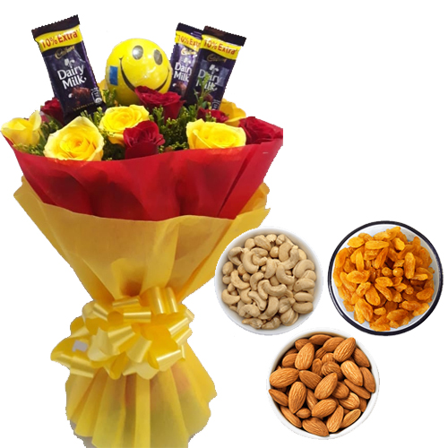 Roses & Chocolate Bunch & 750Gm Mix Dry Fruits cake delivery Delhi