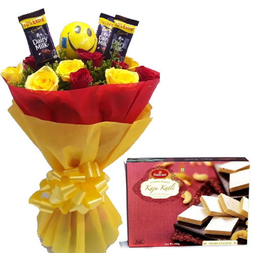 Roses & Chocolate Bunch & 1/2Kg Kaju Burfi Box  cake delivery Delhi