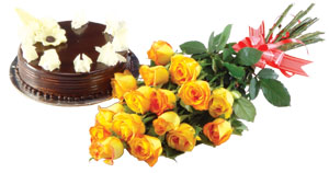 A bunch of 12  roses with 1 kg Cake cake delivery Delhi