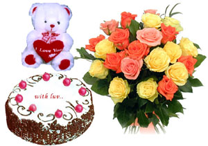 Bunch of 15 Mix Roses with 1 kg Cake & cute Teddy cake delivery Delhi