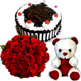 A 15 red roses Bunch & 1Kg Black Forest Cake & small Teddy cake delivery Delhi